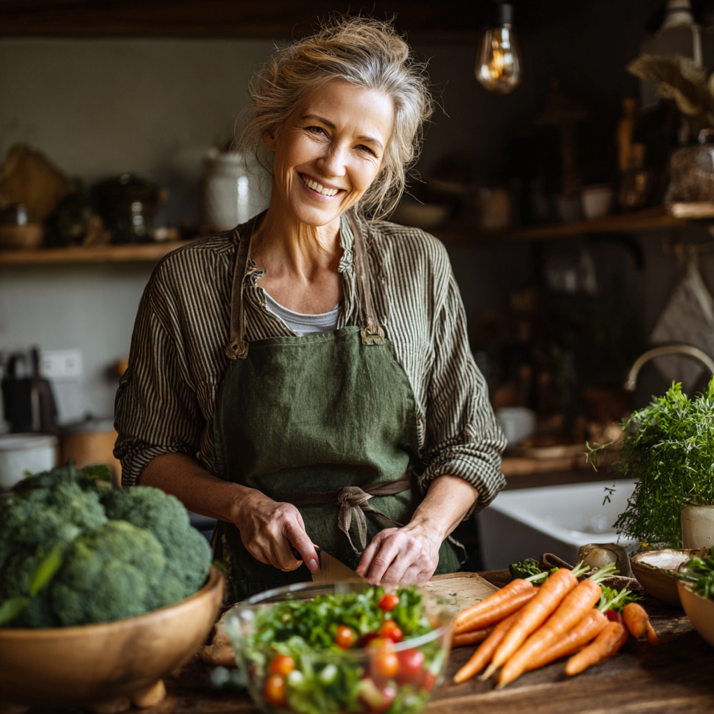 Щаслива українська жінка середнього віку тримає тарілку зі свіжими овочами та усміхається, демонструючи здоровий спосіб життя