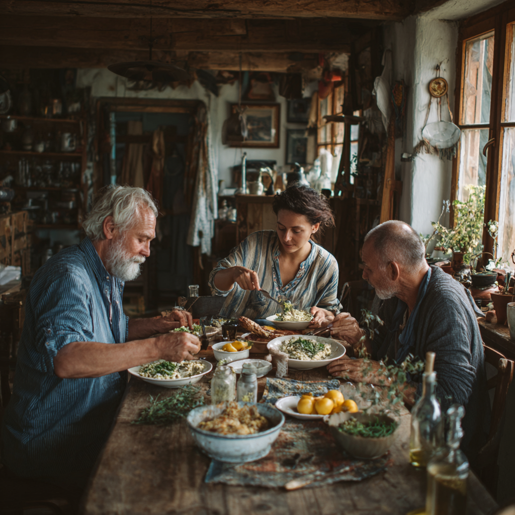 Група українських дорослих різного віку готують разом здорову їжу на кухні, усміхаючись та демонструючи позитивний настрій