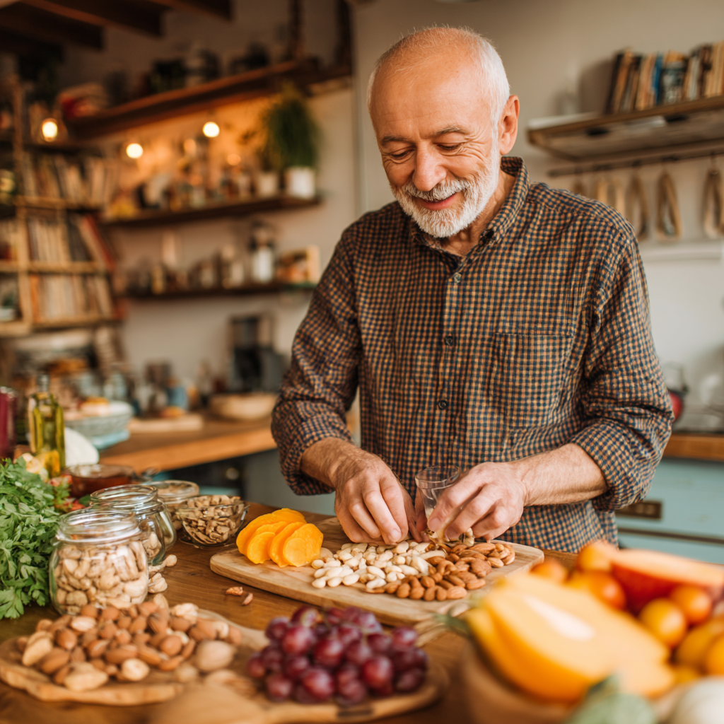 Українська родина різних поколінь разом готує здорову їжу за великим столом, усміхається та насолоджується процесом приготування збалансованих страв